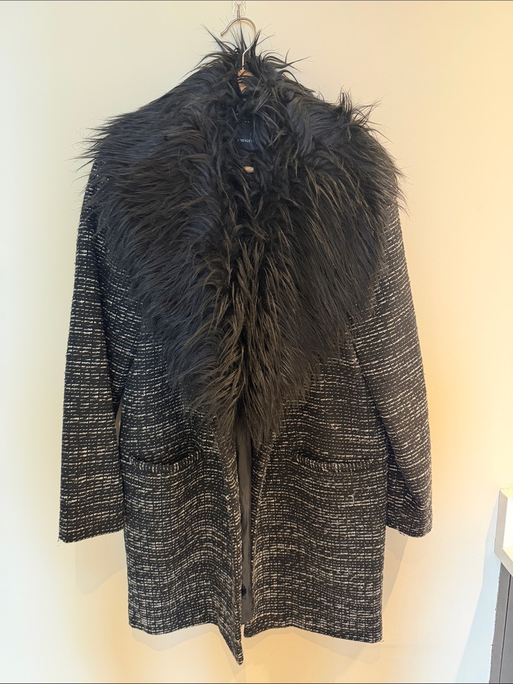 Forever 21 Black Tweed Coat with Faux Fur Collar